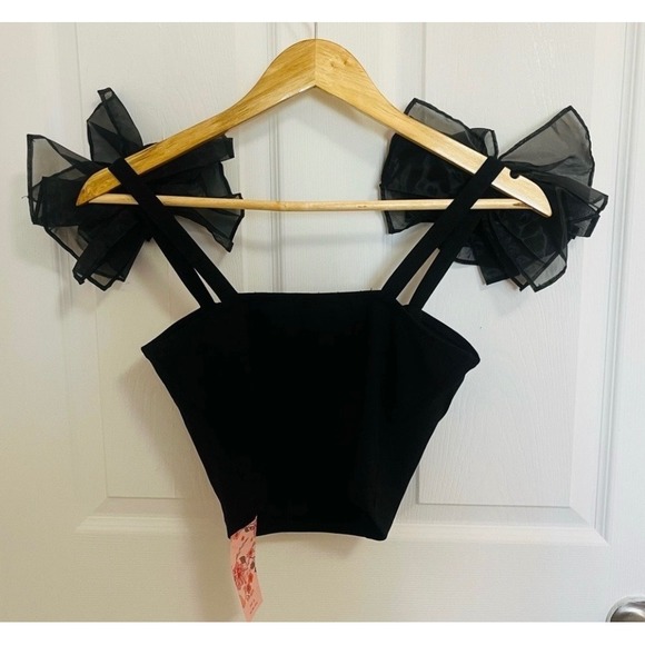 NEW SHEIN MOD Black XS Cropped Tank Top with Tulle Bows Statement - Picture 3 of 4